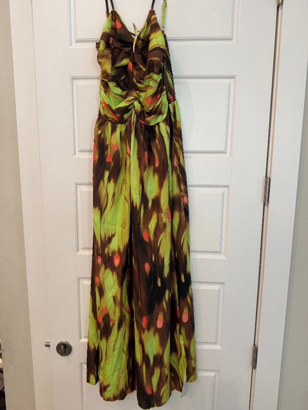 Green & Brown Abstract Print Draped Maxi Dress